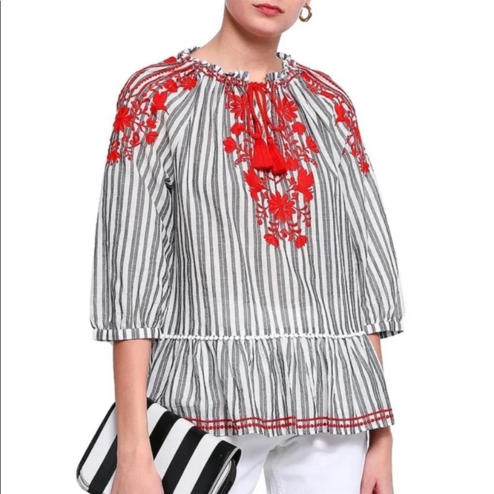 Kate Spade Broome Street Embroidered and Striped Peasant Top